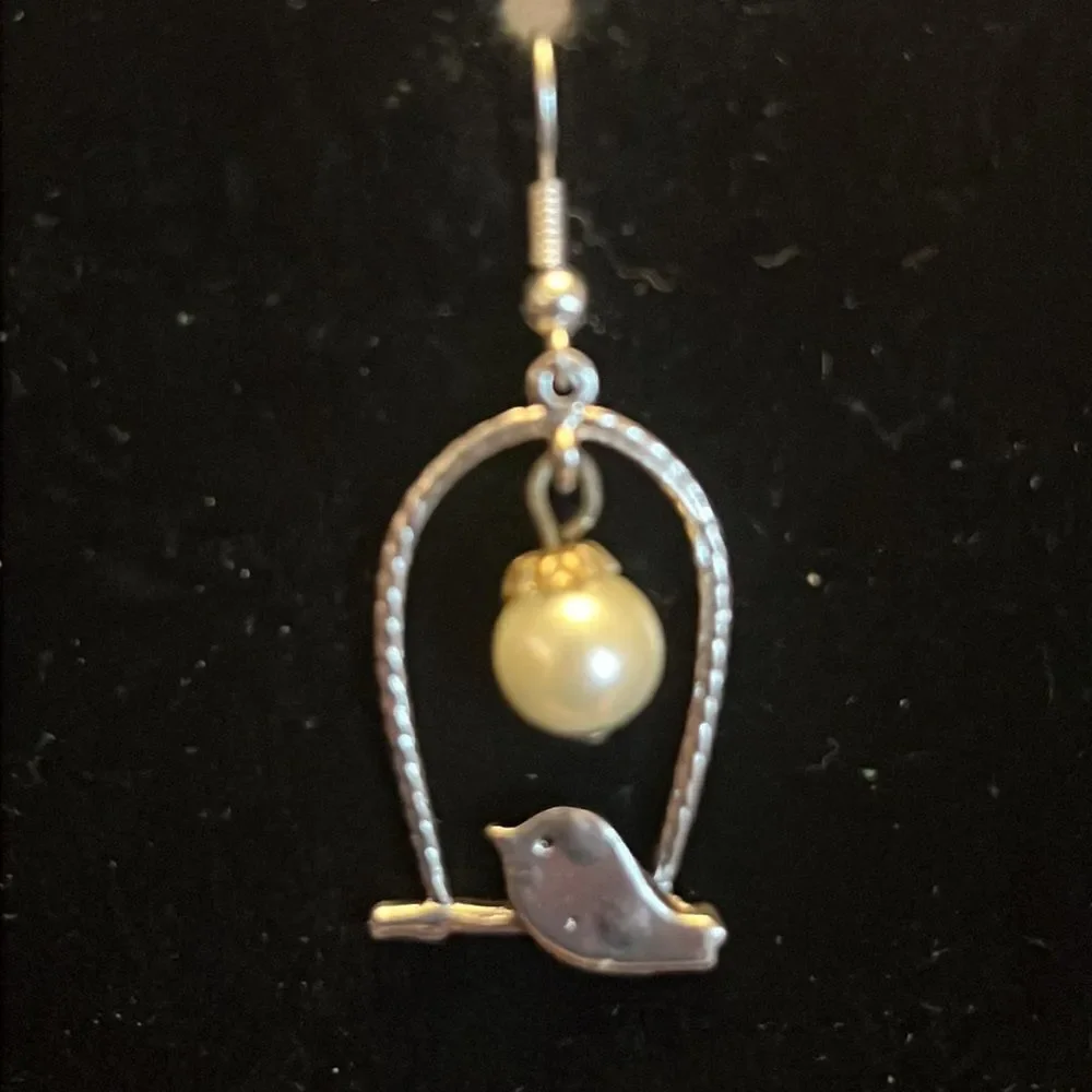 Handcrafted Bird on Perch Earrings – Silver Tone with Pearl Detail - Picture 2 of 4